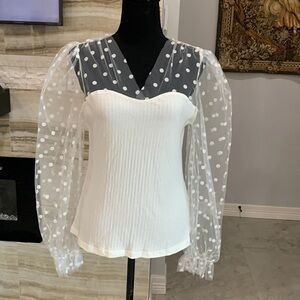 White Sheer Polka Dot Sleeve‎ Ribbed Bodice Top. Size L (186)